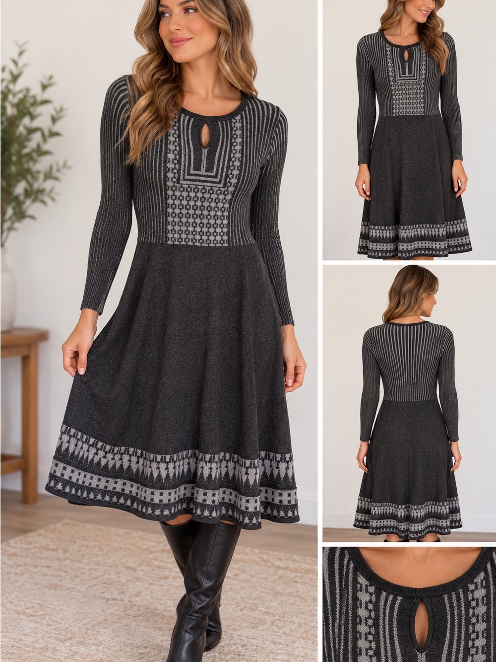 Olive + Oak Women's M Gray Black Geometric Knit Midi Dress Fit Flare Boho Fall
